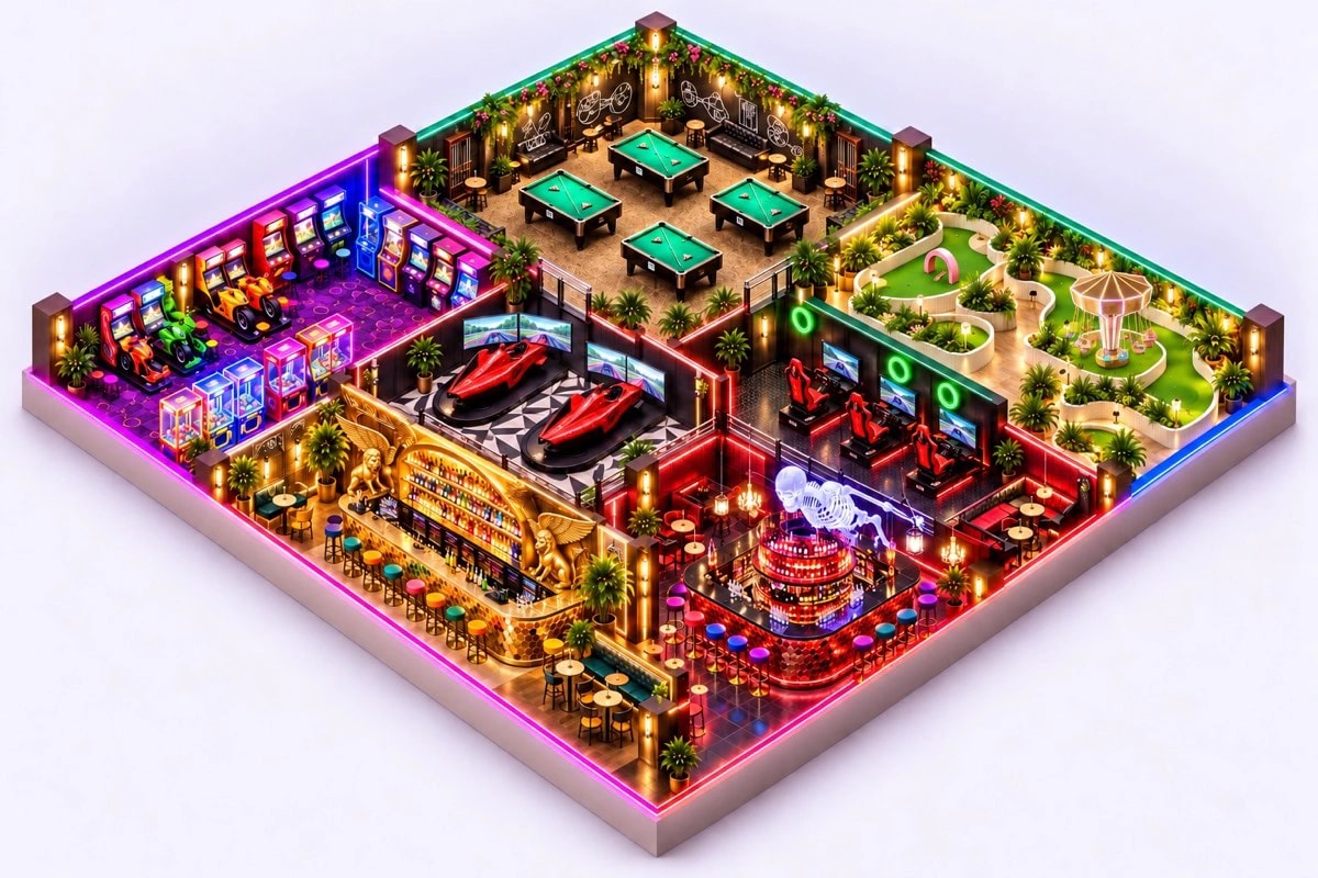 Billard, Formel- und GT-Simulatoren, Minigolf, Arkaden, Tiki Bar und Hell Bar.